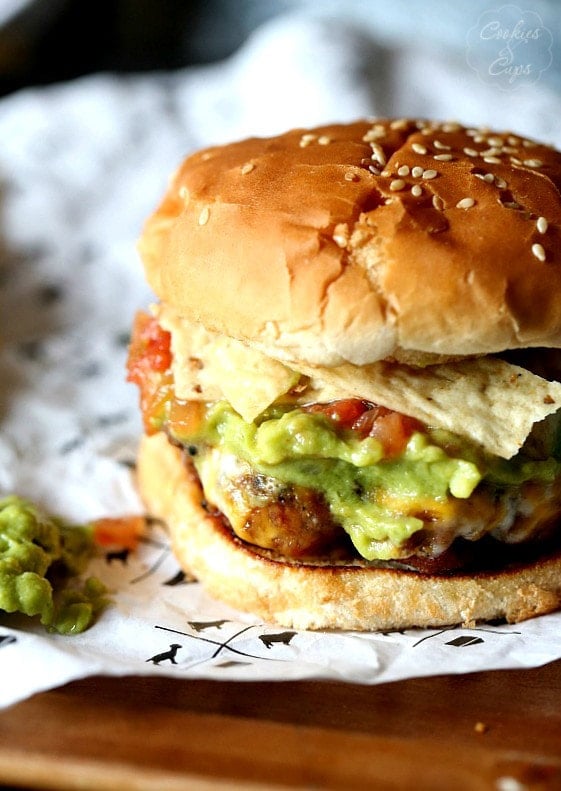 Taco BUrgers, Loaded with Guacamole, cheese, salsa and tortilla chips!