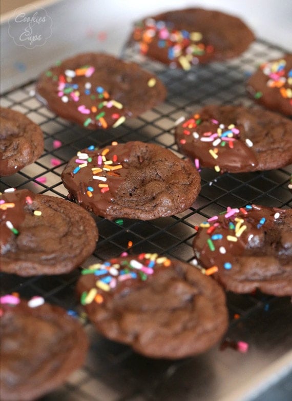 Chewy Chocolate Cookies dipped in chocolate and coated in sprinkles...super easy and adorable!