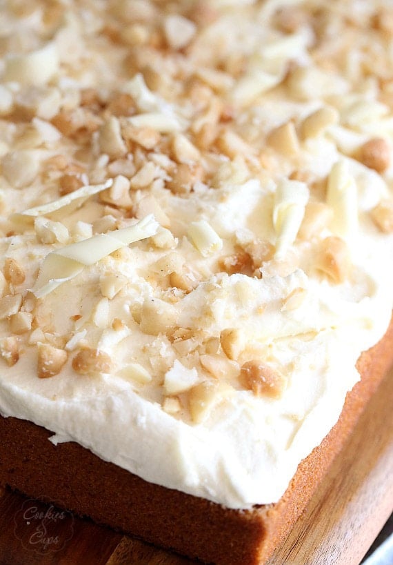 White Chocolate Macadamia Nut Cake.. A simple brown sugar buttermilk cake with white chocolate frosting, topped with salty Macadamia Nuts!