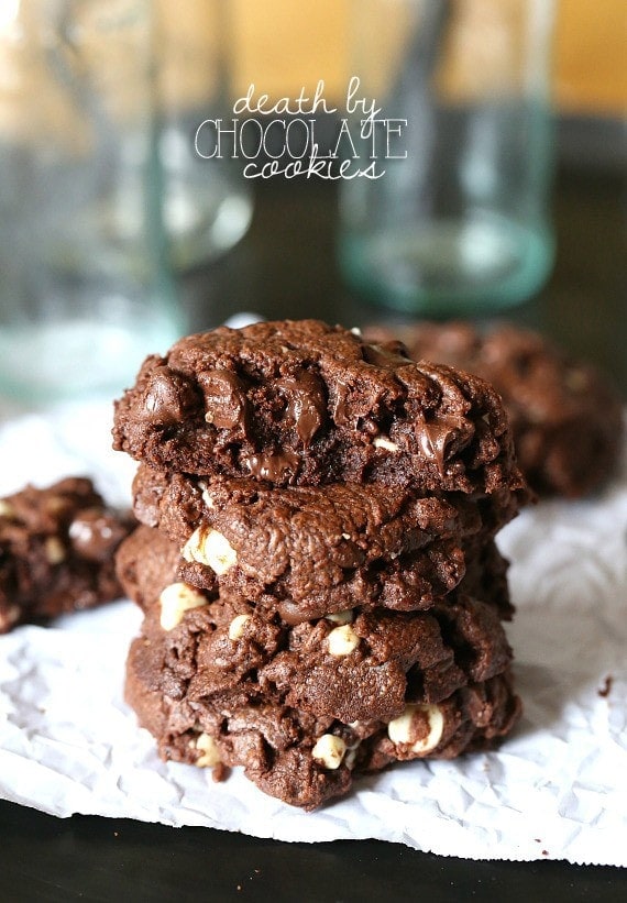 Death By Chocolate Chip Cookies ~ Thick and soft chocolate cookies with 3 kinds of chocolate!