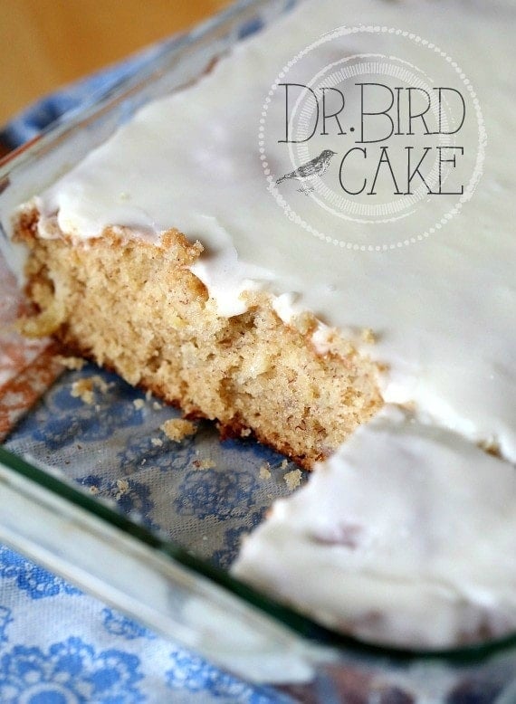 Dr. Bird Cake with a couple slices removed 