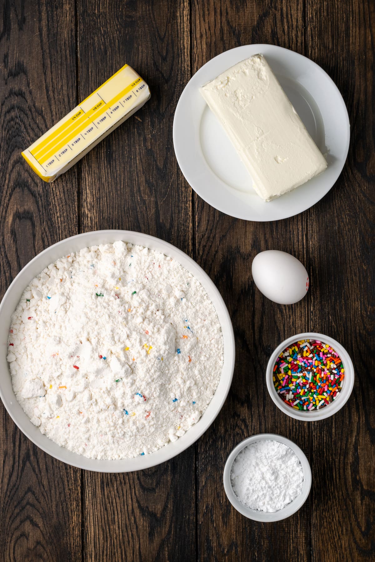 Ingredients for funfetti cookies.