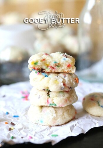 Funfetti Gooey Butter Cookies ~ Such a fun simple cookie made with butter, cream cheese and Funfetti Cake Mix! SO SOFT and sweet!