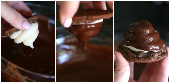 Dipping the hi hat cookie into the chocolate coating