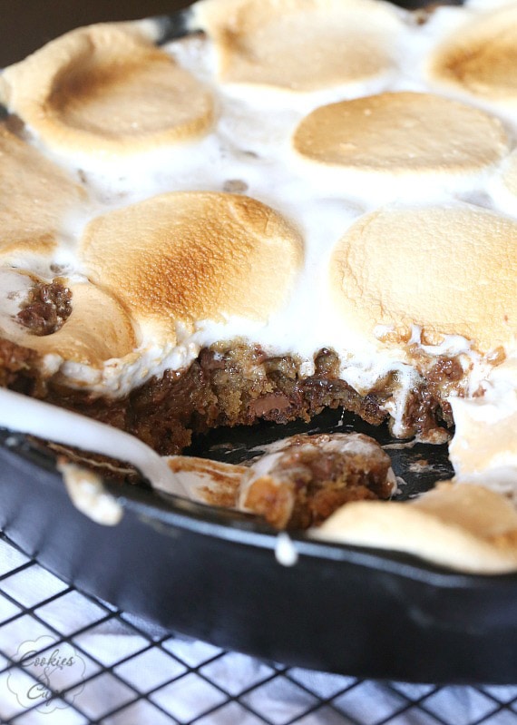 S'mores Skillet Cookie ~ A giant S'mores cookie baked in a skillet and topped with huge Campfire Marshmallows!