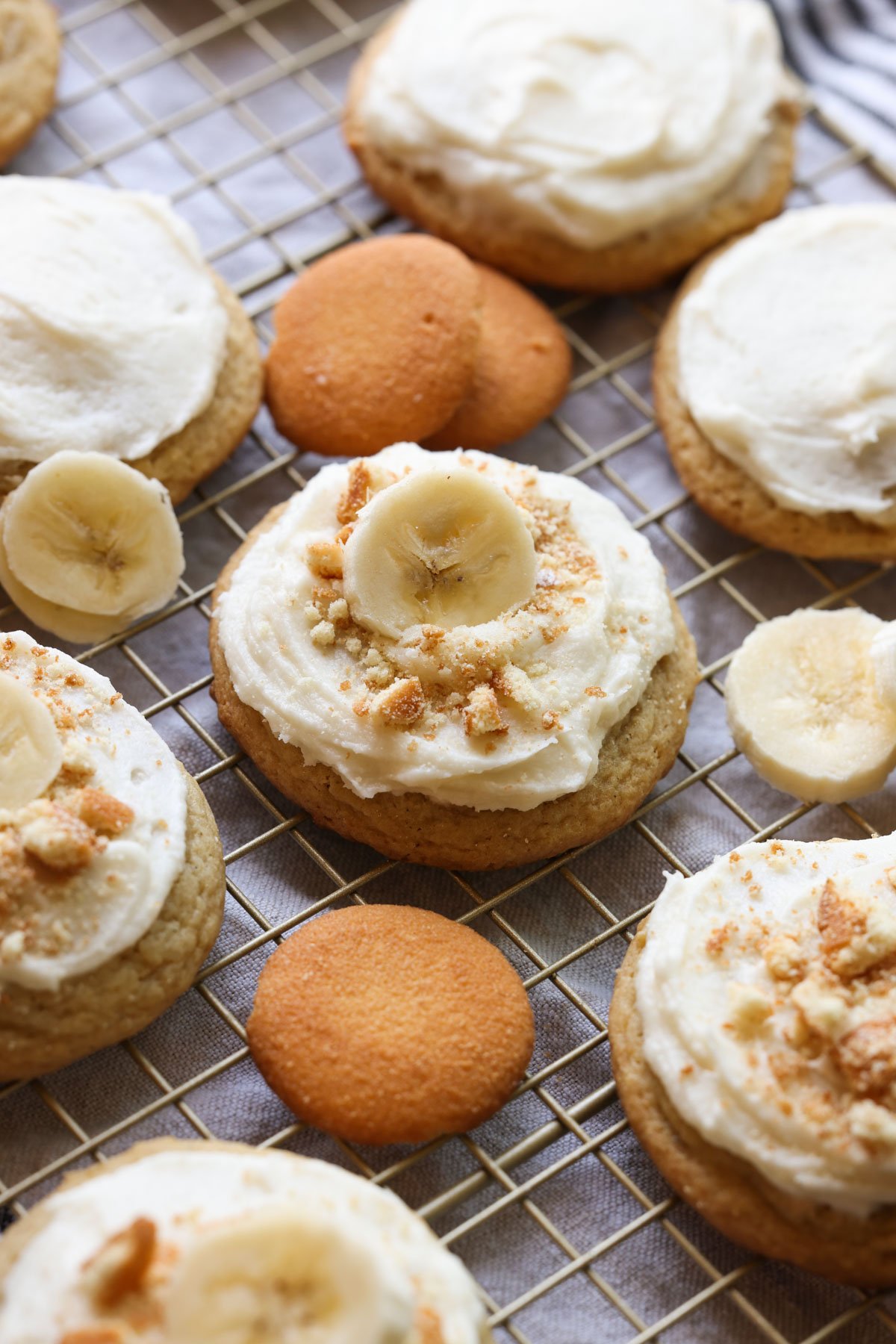 Banana Cream Cookies on a wire rack frosted with crushed cookies