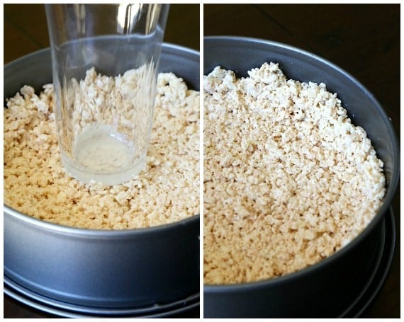 steps for pressing krispie treat crust into the pan