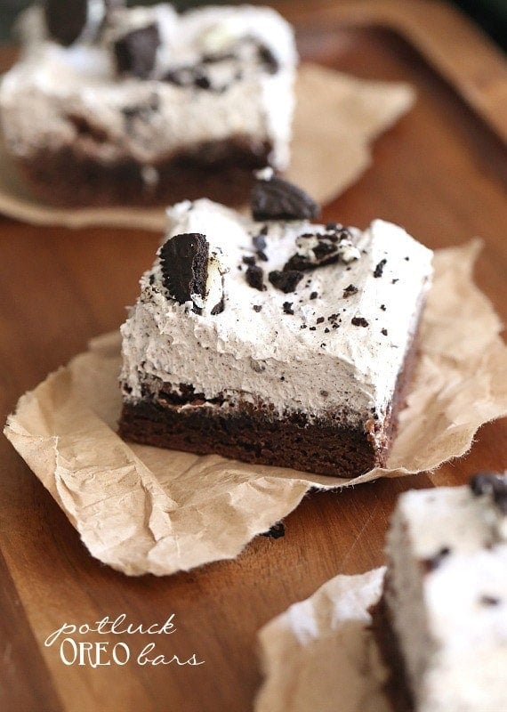 Potluck Oreo Bars ~ These are so dreamy, they start with a cake mix and are topped with a creamy Oreo mousse!