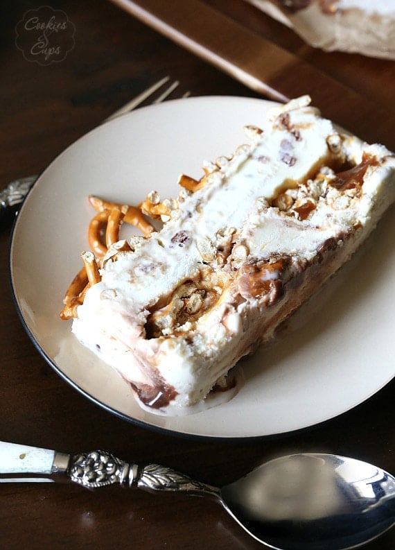A slice of the Sweet and Salty Ice Cream Terrine...Chubby Hubby Ice cream (or any flavor you would like) with caramel and pretzels!