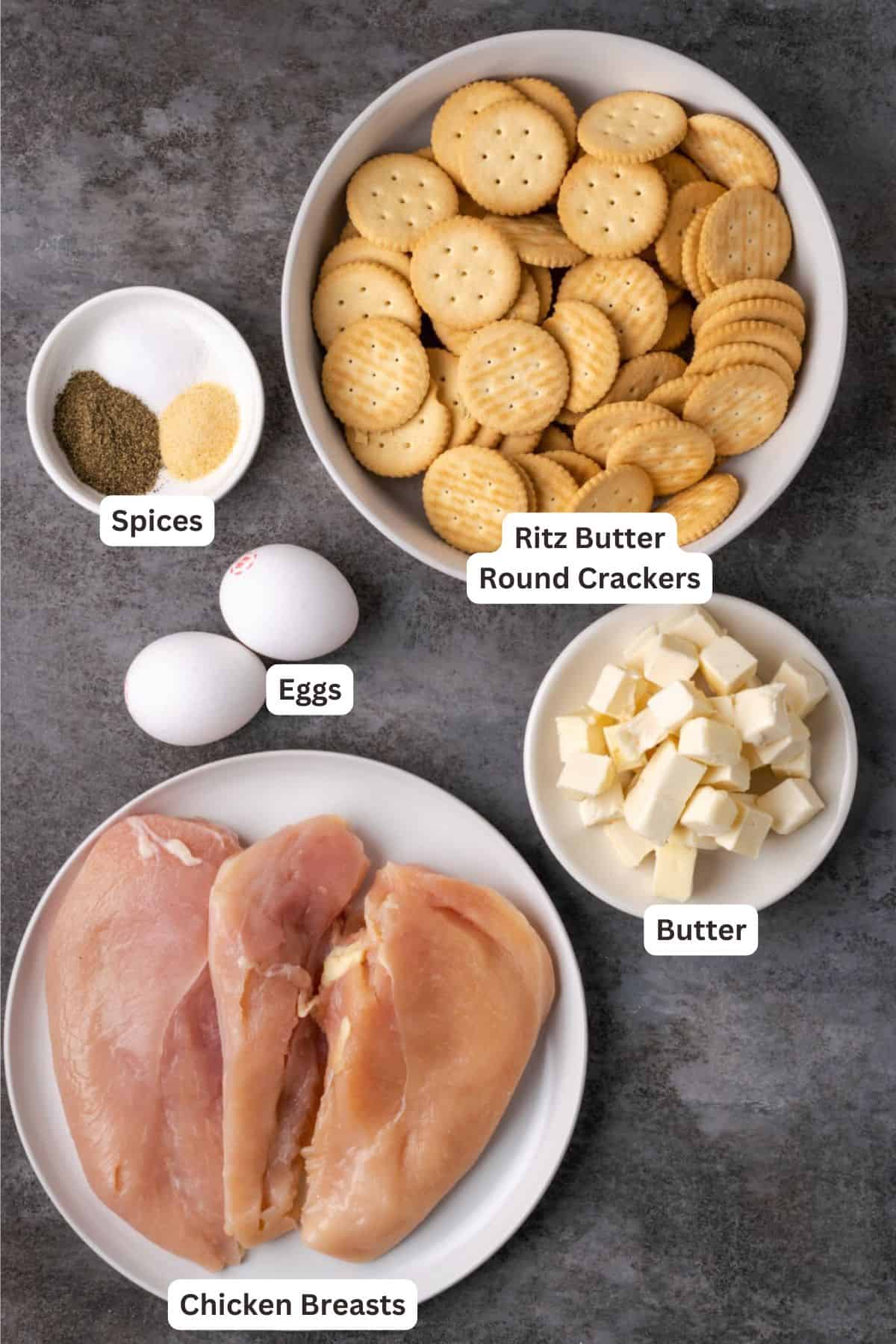 Ritz Cracker Chicken is an easy, kid-approved dinner recipe. Juicy chicken breasts are topped with buttery Ritz crackers and garlic powder! Ingredients for Ritz Cracker Chicken.