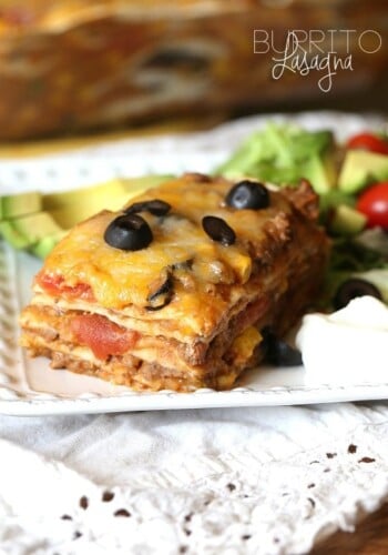 Burrito Lasagna ~ layeres of Tex-Mex flavors all in one dinner! Great for making ahead and freezing
