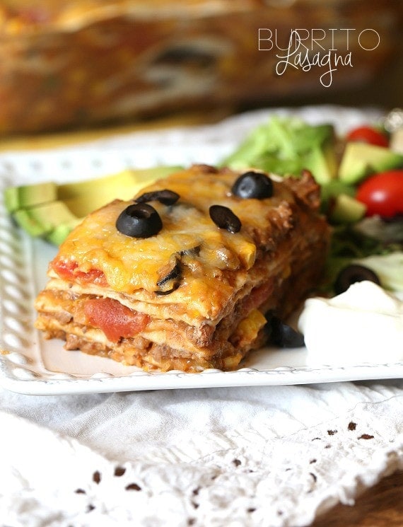 Burrito Lasagna ~ layeres of Tex-Mex flavors all in one dinner! Great for making ahead and freezing