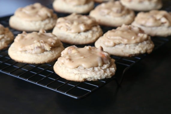 Praline Cookies...A delicious brown sugar cookie that is so sft with praline frosting on top. If you love pralines you will LOVE these cookies!