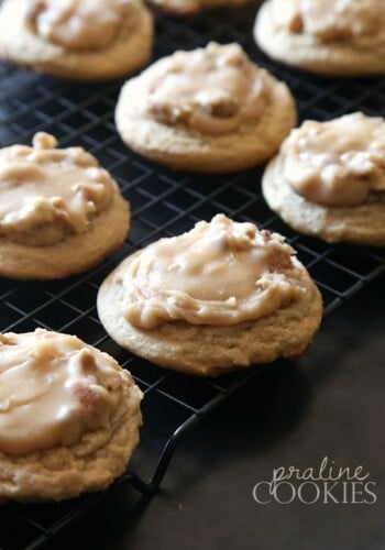 Praline Cookies...Super oft brown sugar cookies topped with Praline Frosting that melts right into the cookie! So delicious!!