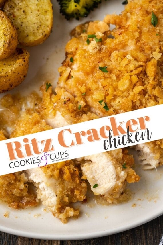 A white plate with sliced ritz cracker chicken