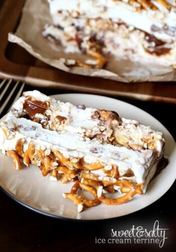 Sweet and Salty Ice Cream Terrine.. yummy Chubby HUbby Ice Cream (or your favorite flavor) with pretzels and caramel! SO pretty and insanely delicious!
