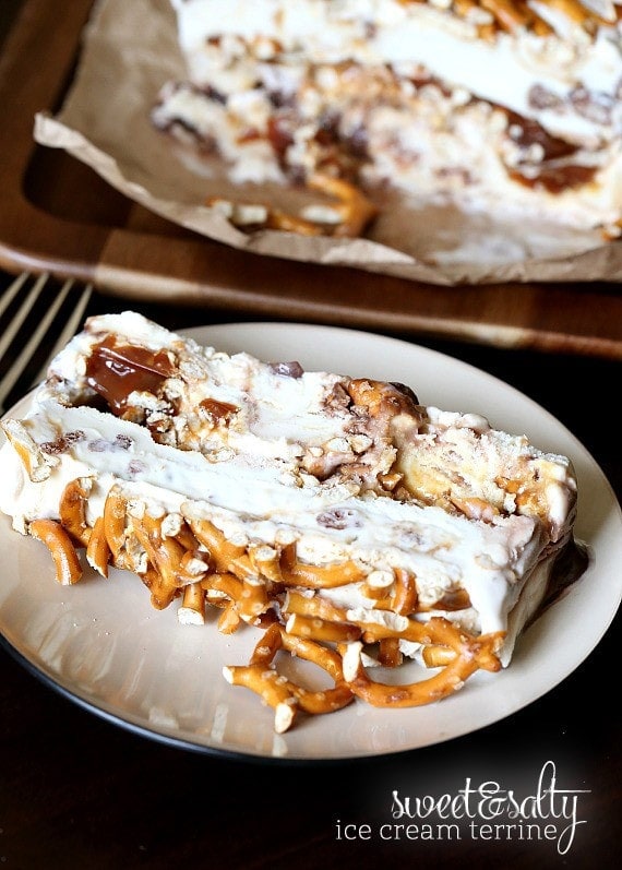 Sweet and Salty Ice Cream Terrine.. yummy Chubby HUbby Ice Cream (or your favorite flavor) with pretzels and caramel! SO pretty and insanely delicious!