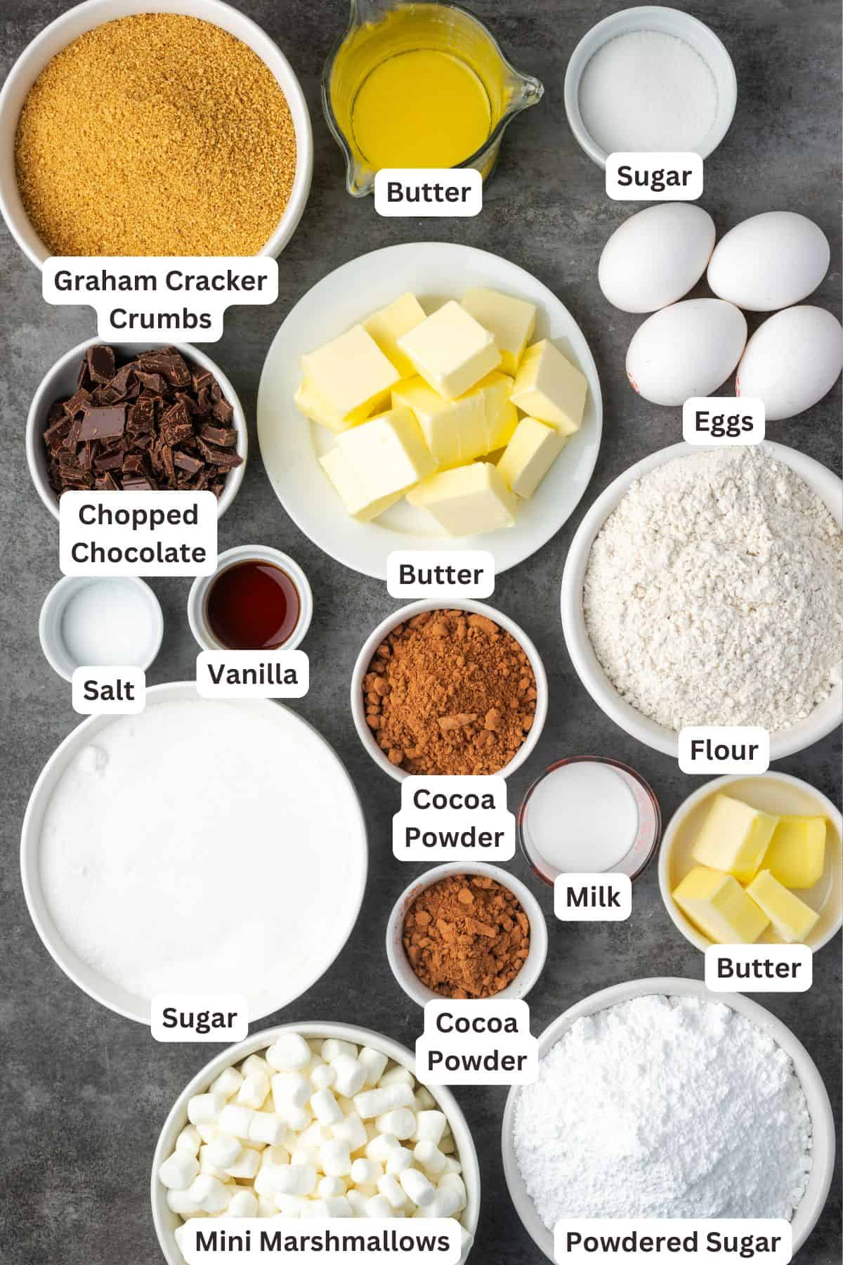 Brownie pie ingredients with text labels overlaying each ingredient.