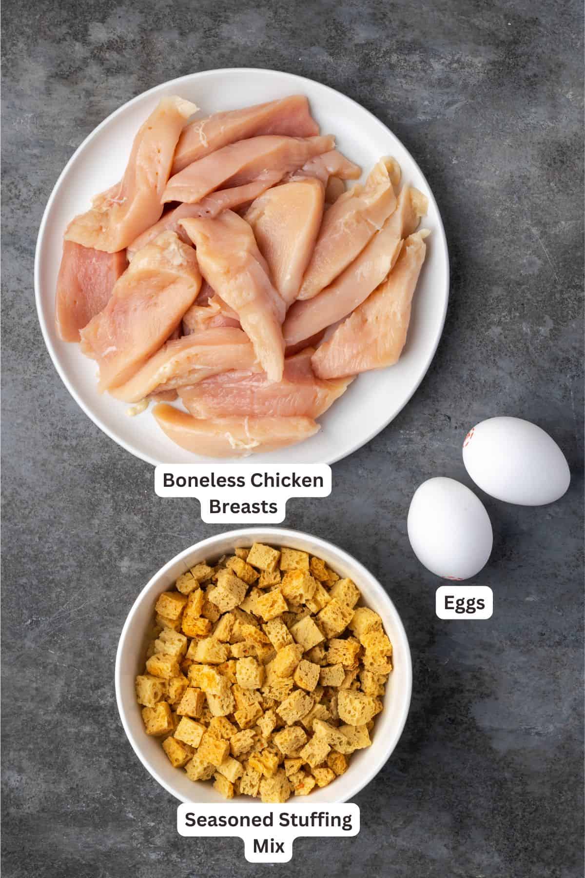 Ingredients for crispy chicken tenders breaded with stuffing with text labels overlaying each ingredient.