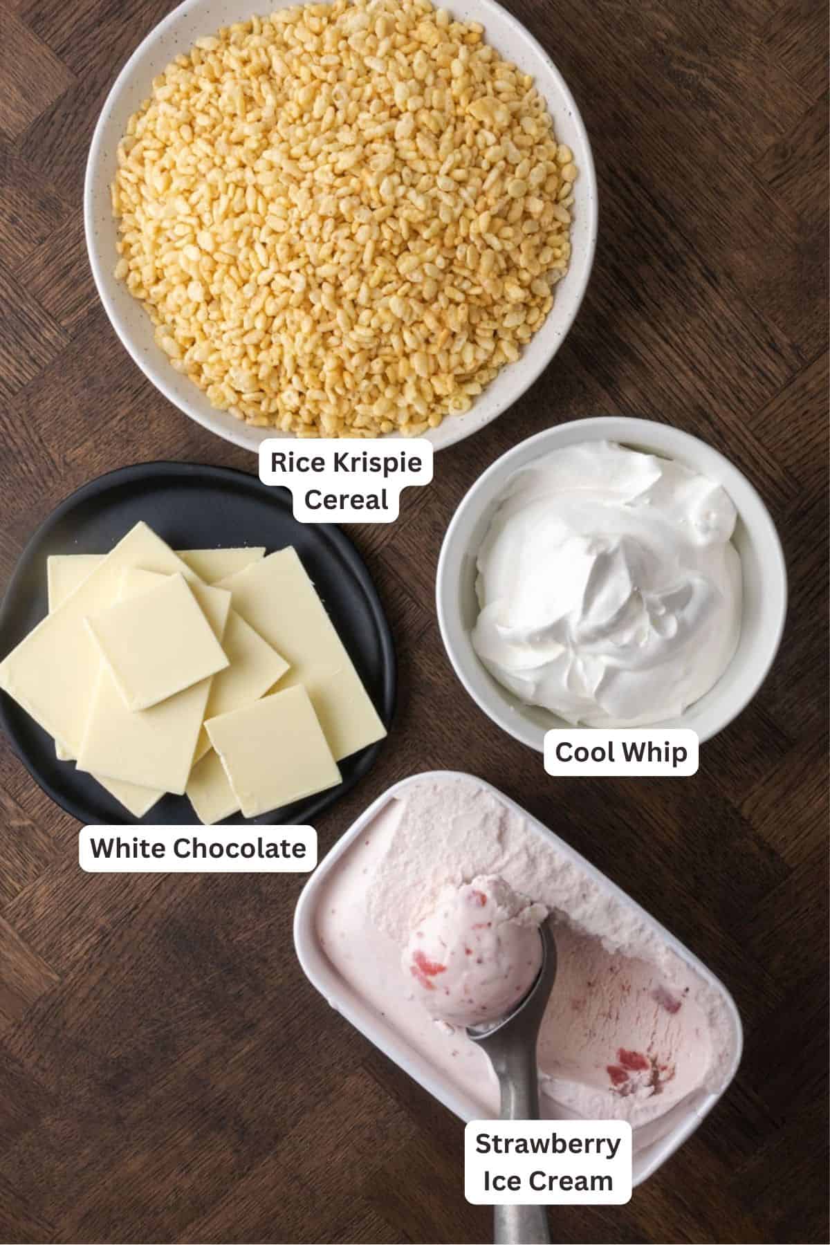 Strawberry ice cream pie is an easy no-bake dessert made with a crunchy Rice Krispie treat crust, strawberry ice cream, and whipped cream. Strawberry ice cream pie and Rice Krispie treat crust ingredients.