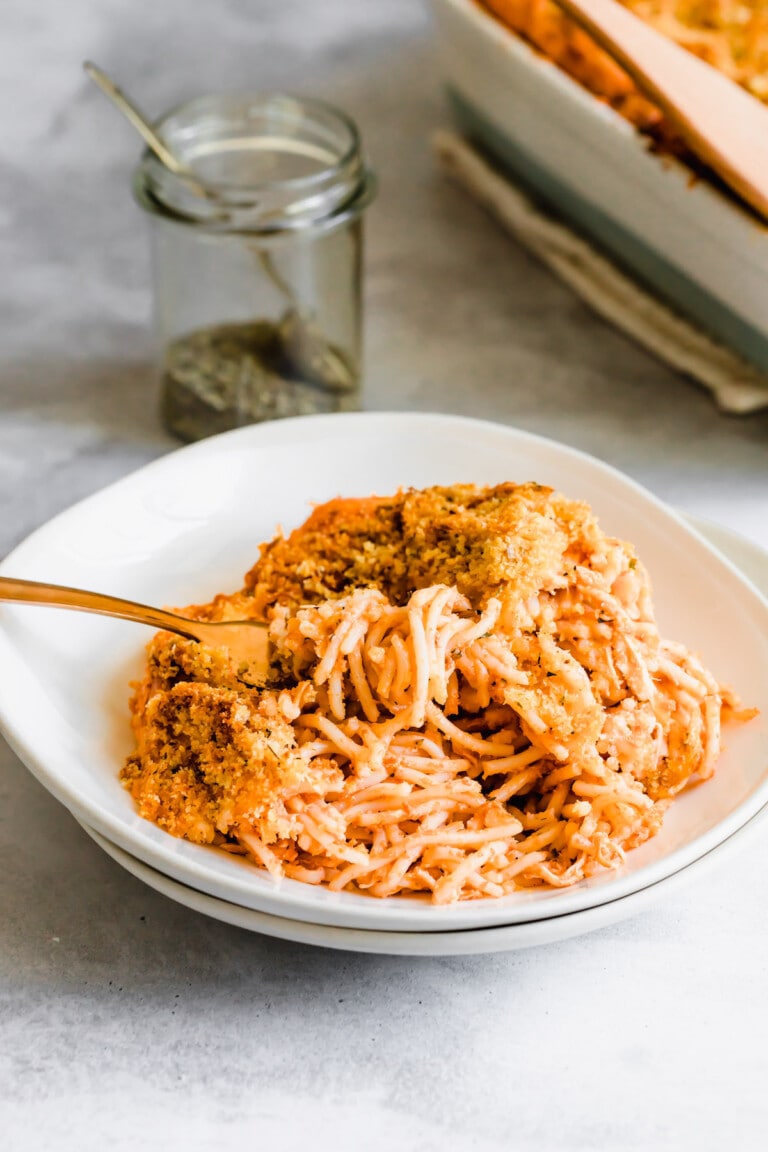 Easy Chicken Spaghetti Casserole Recipe | Cookies and Cups