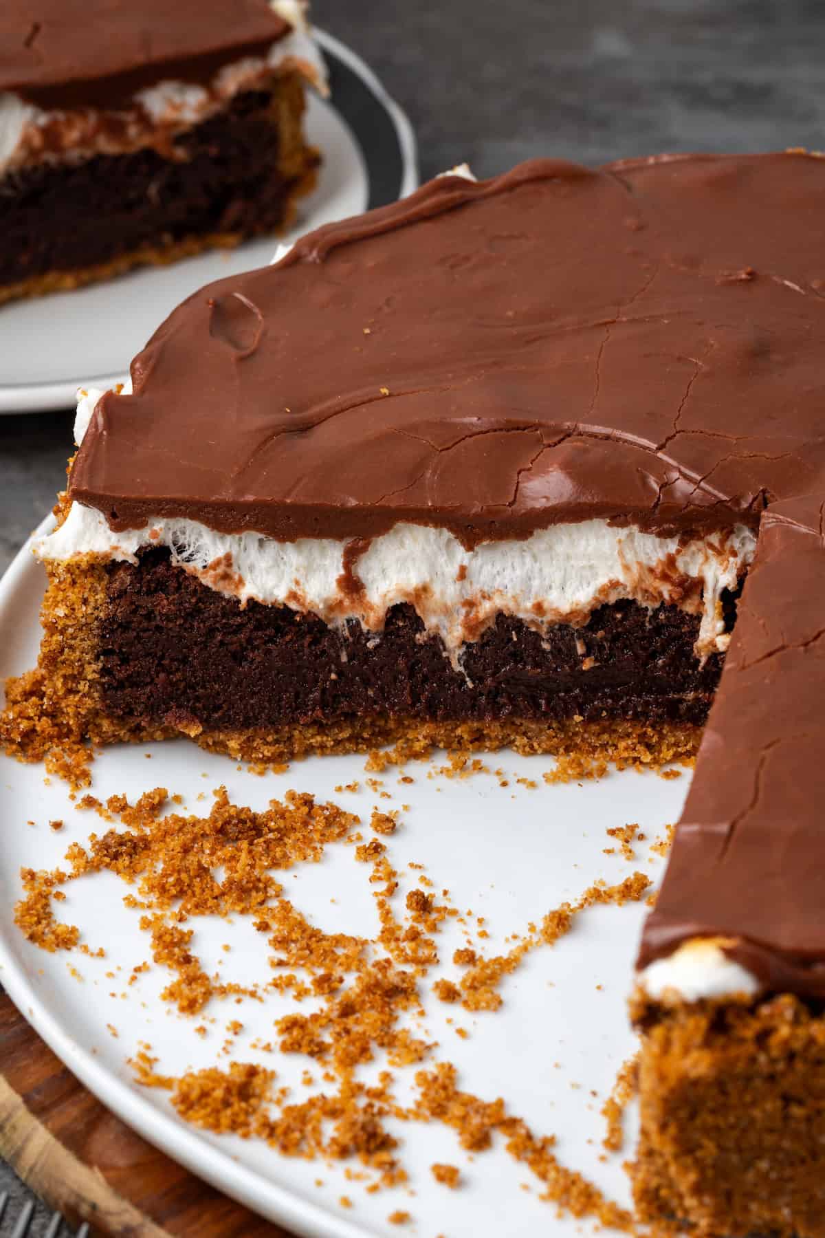 Brownie pie with a large slice missing on a plate.