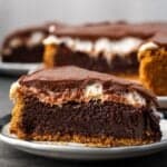 A slice of brownie pie on a plate with the rest of the pie in the background.