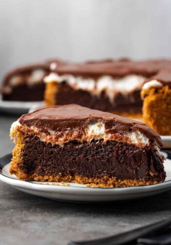 A slice of brownie pie on a plate with the rest of the pie in the background.
