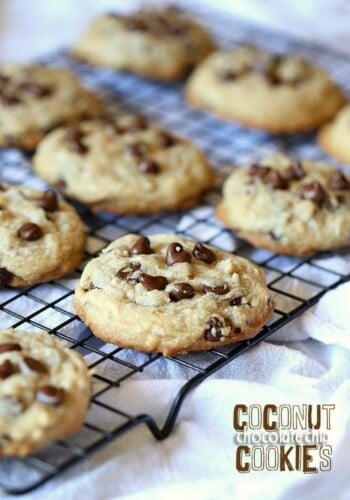 Coconut Chocolate Chip Cookies on a cooling rack