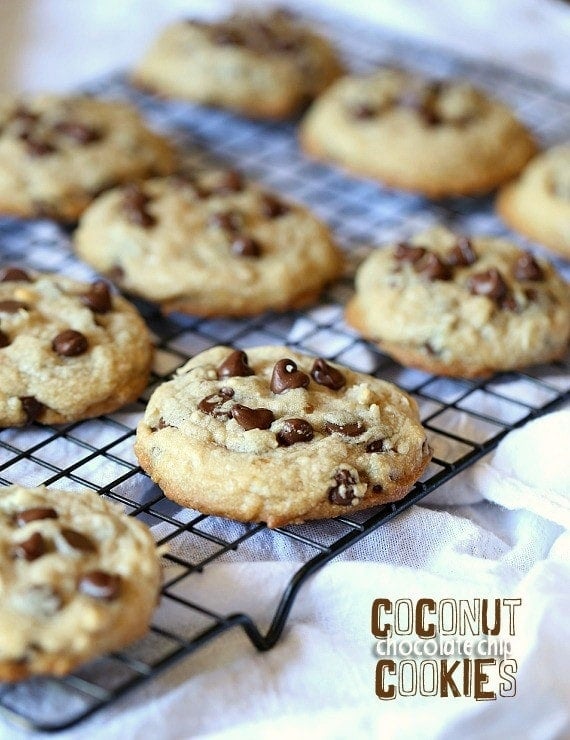 Coconut Chocolate Chip Cookies on a cooling rack