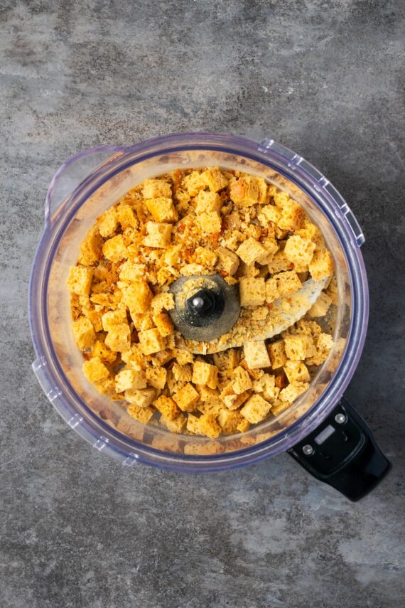 Chicken stuffing inside a food processor.