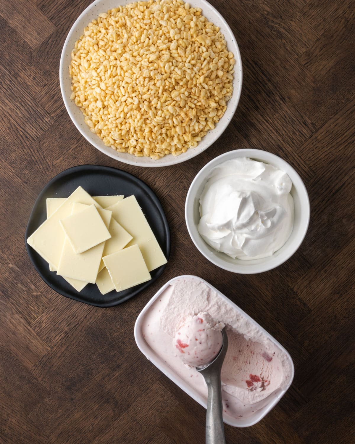 The ingredients for Krispie Treat ice cream pie.