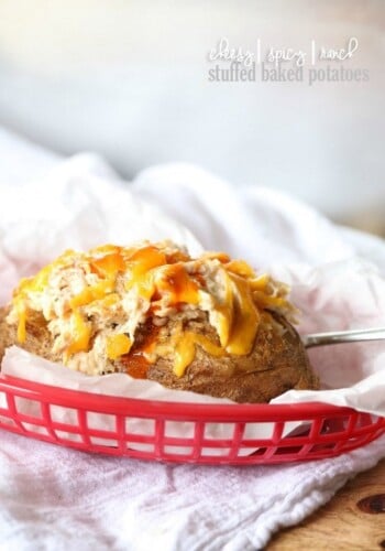 Cheesy Spicy Ranch Stuffed Baked Potatoes...the most addicting baked potato you'll ever eat!
