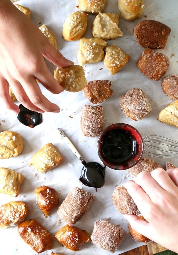 Soft Pretzel Bites...Cinnamon Sugar or Salty BUttered. Dip them in chocolate for an over the top snack!