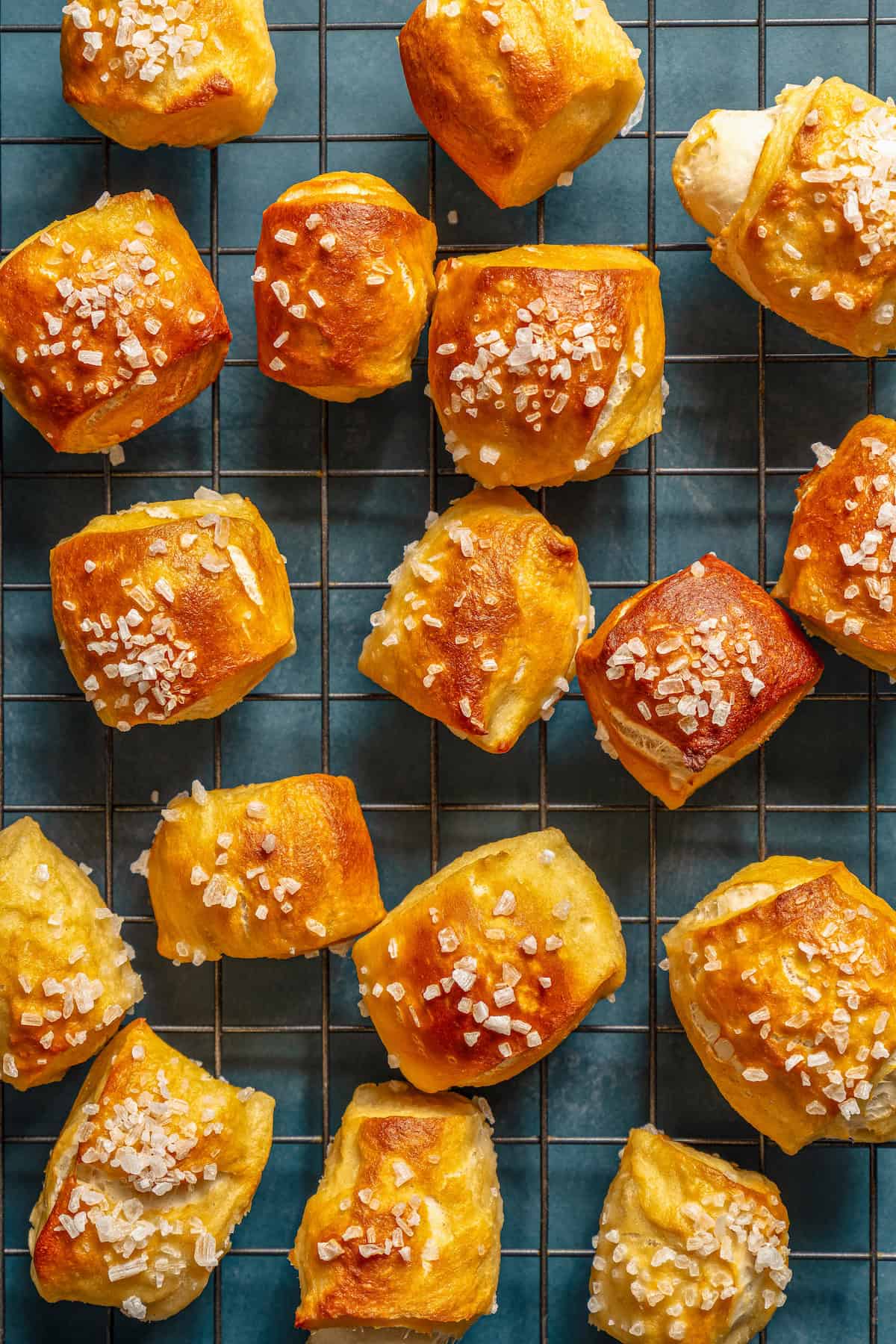 Overhead view of baked soft pretzel bites sprinkled with sea salt on a wire rack.