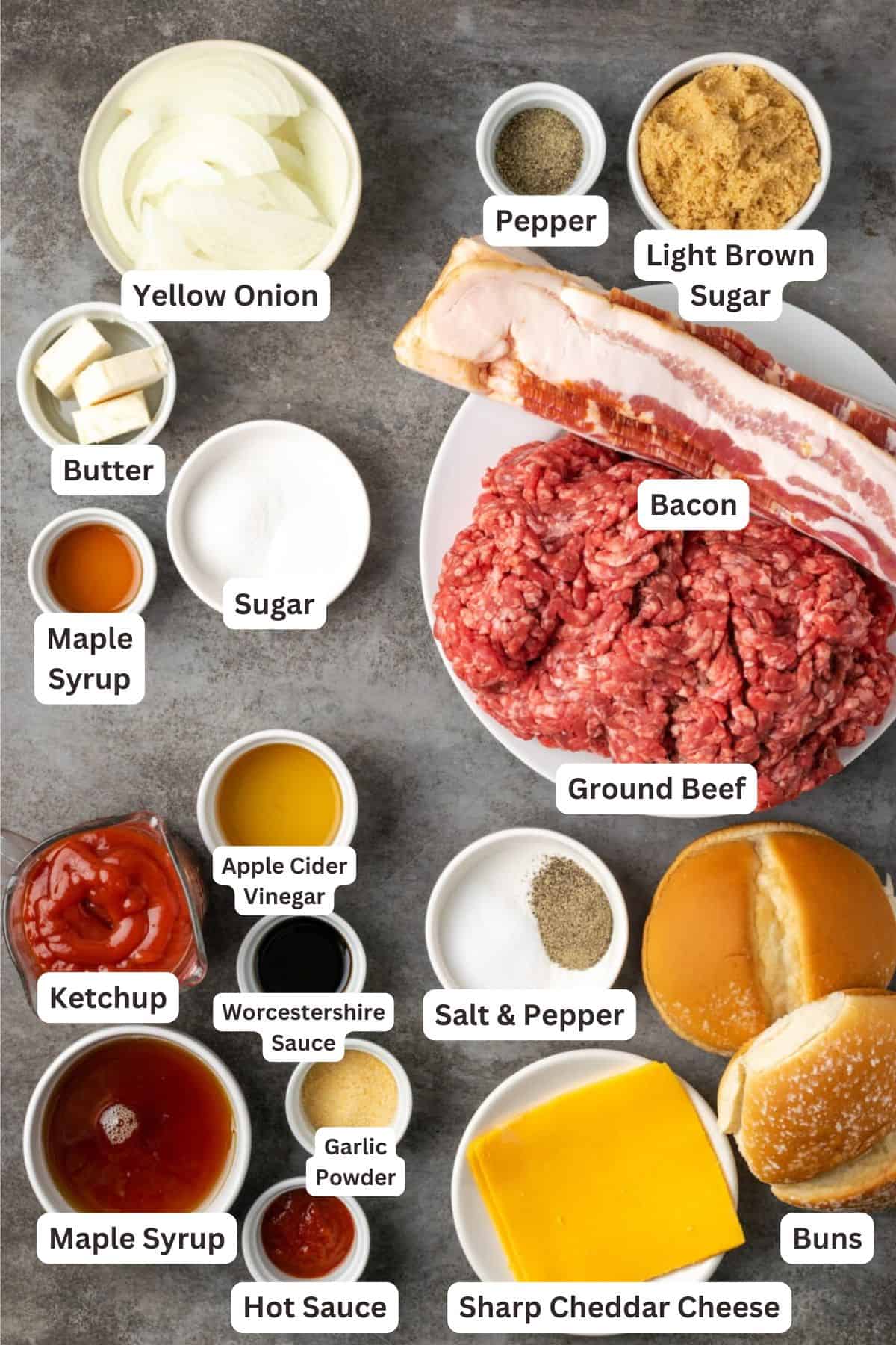 This candied bacon cheddar burger is totally gourmet and easy to make with caramelized onions, homemade BBQ sauce, and sweet-salty bacon. Ingredients for Candied Bacon Maple Cheddar Burger.
