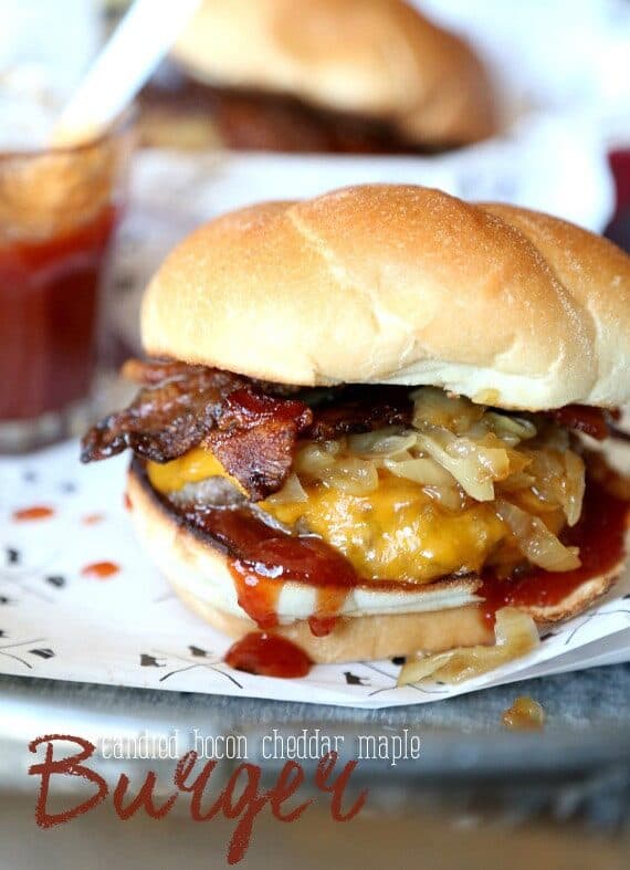 Candied Bacon Maple Cheddar Burgers + Homemade Maple BBQ Sauce