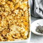 Chicken hashbrown casserole topped with crushed croutons in a large baking dish.