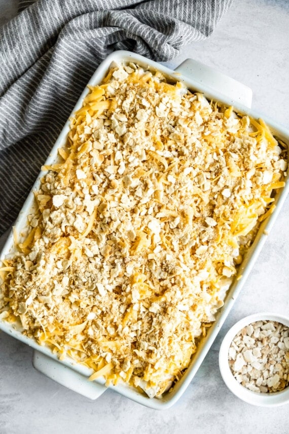 Unbaked hashbrown casserole in a pan.