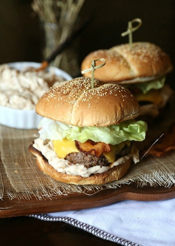 Caramelized Onion Dip Burger...a simple burger topped with a new verion of the classic Onion Soup Dip!