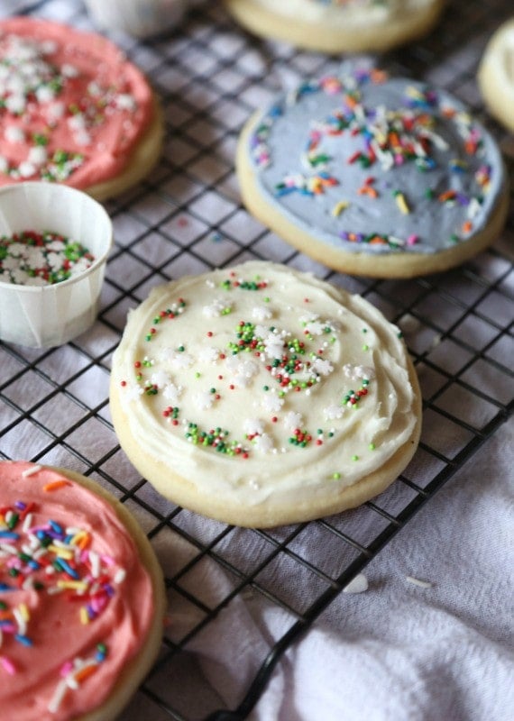 Image of Cream Cheese Cut Out Sugar Cookies with cream cheese frosting and sprinkles