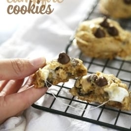 Hand holding a piece of campfire cookie with gooey marshmallow on a cooling rack