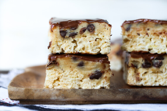 stacked cookie dough rice krispie treats stacked