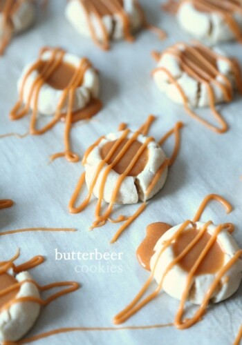 Butterbeer Cookies...A buttery shortbread Meltaway base topped with a creamy Butterscotch Ganache! Tastes like the perfect little bite of Harry Potter's Butterbeer!