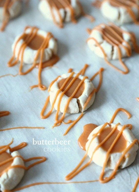 Butterbeer Cookies...A buttery shortbread Meltaway base topped with a creamy Butterscotch Ganache! Tastes like the perfect little bite of Harry Potter's Butterbeer!