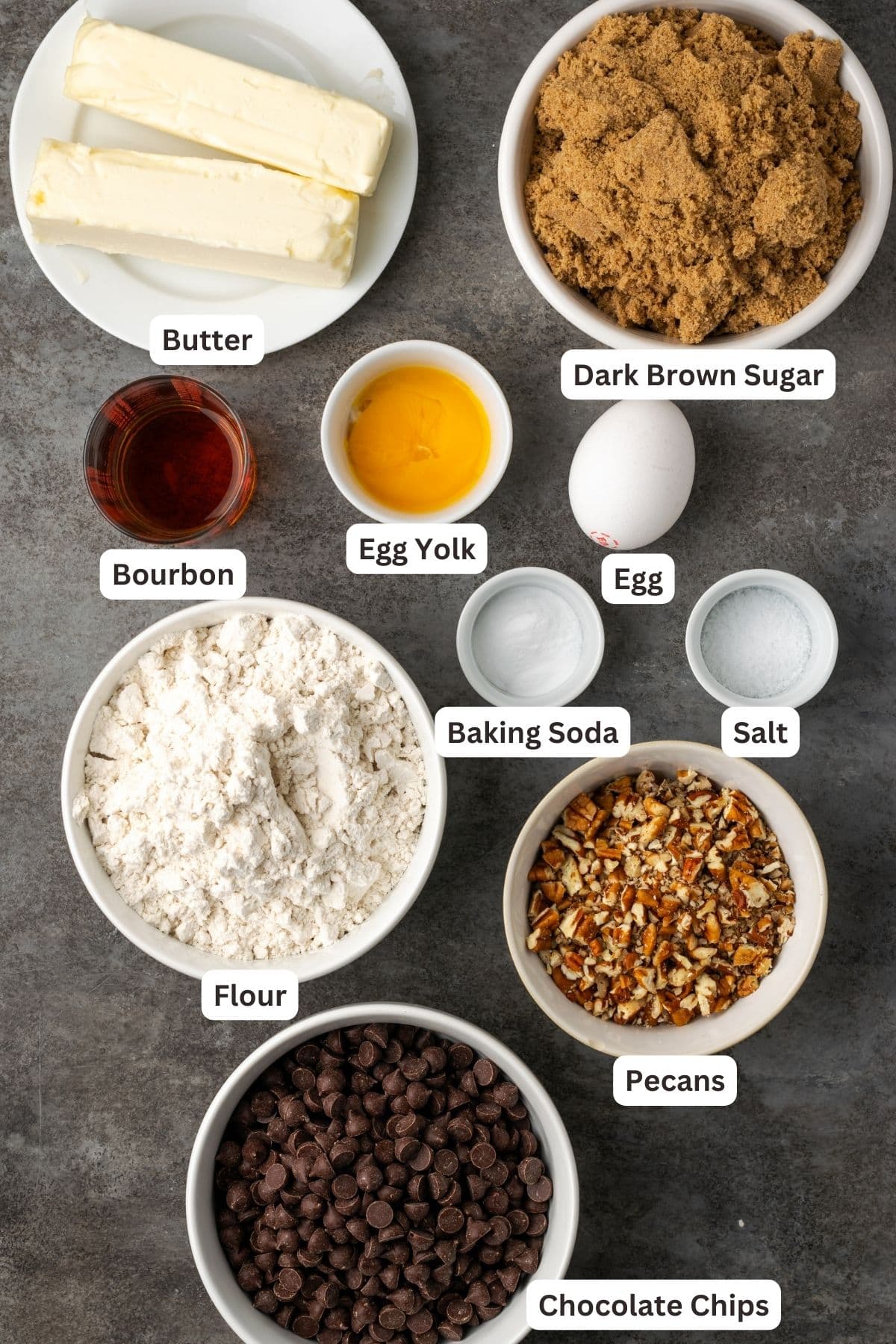 Ingredients for browned butter bourbon chocolate chip cookies with a text label overlaying each ingredient.
