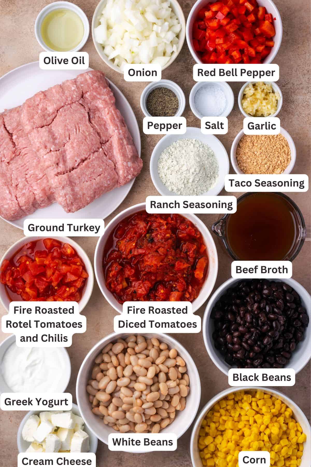 Creamy taco soup ingredients with text labels overlaying each ingredient.