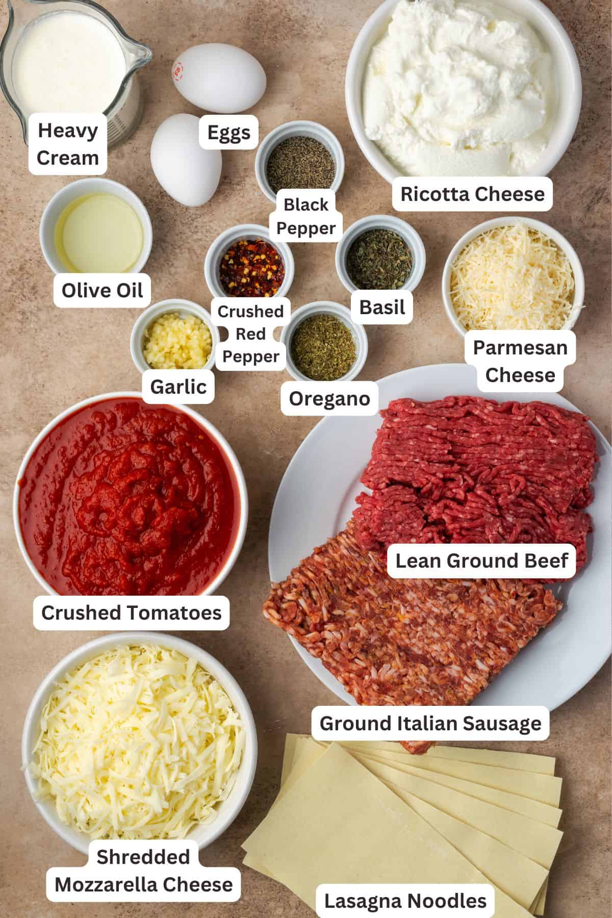 Skillet lasagna ingredients with text labels overlaying each ingredient.