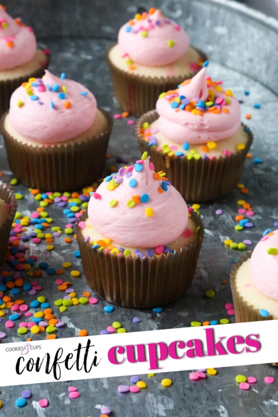 Pinterest image of confetti cupcakes