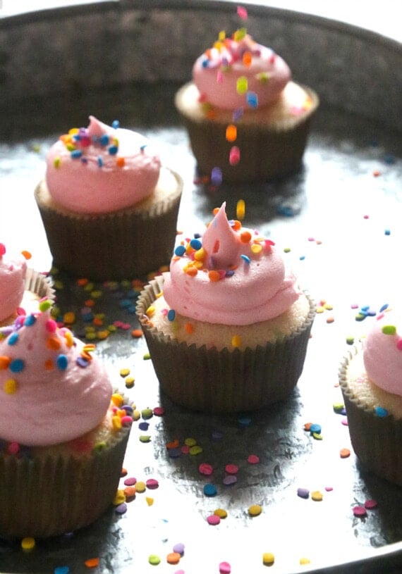 Drizzle Quin sprinkles onto pink frosted vanilla cupcakes on a tray
